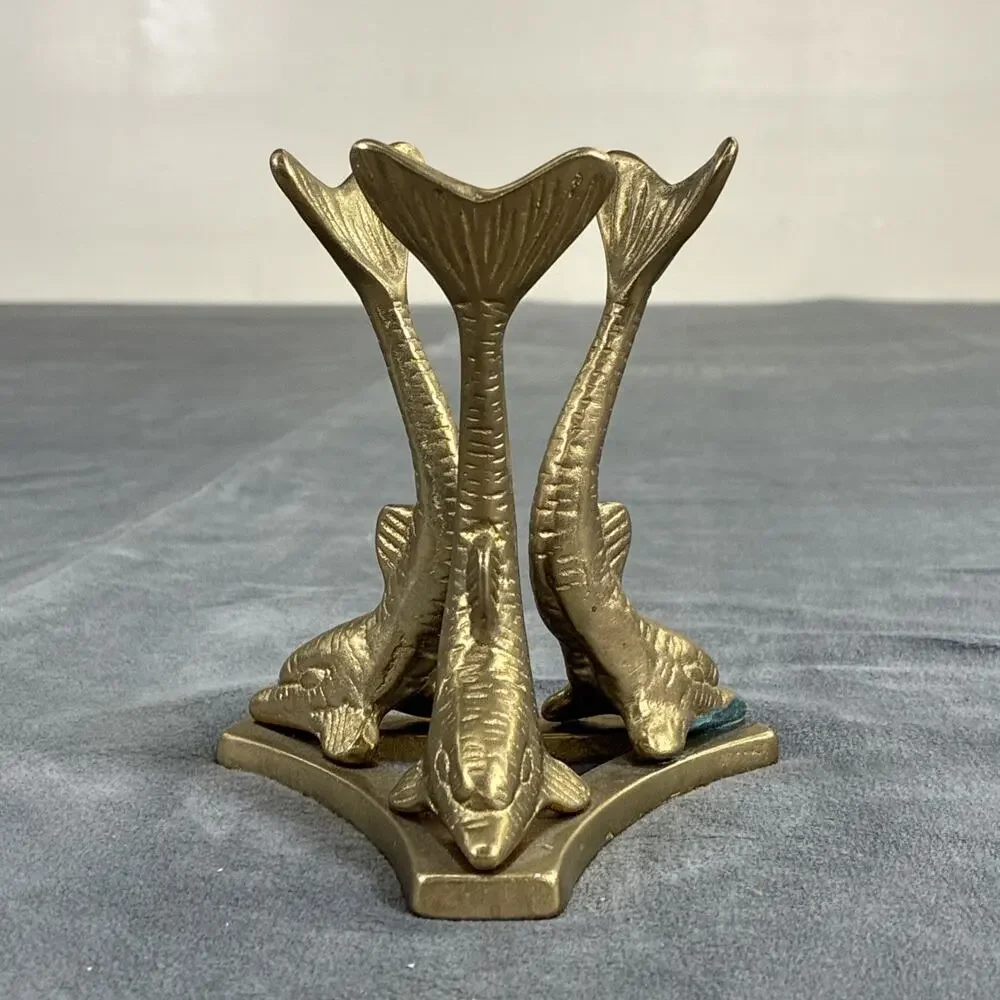 Vintage Solid Brass Three Dolphin Marble or Egg (not Included) Stand Charity